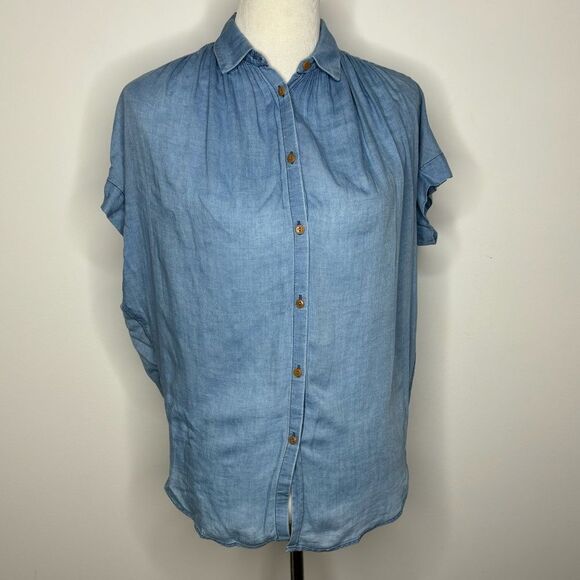 Madewell- Blue Button Down Short Sleeve Top - Picture 1 of 5